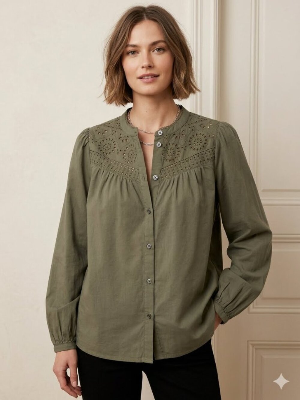 GAP long sleeve olive green top with eyelet detail, size small